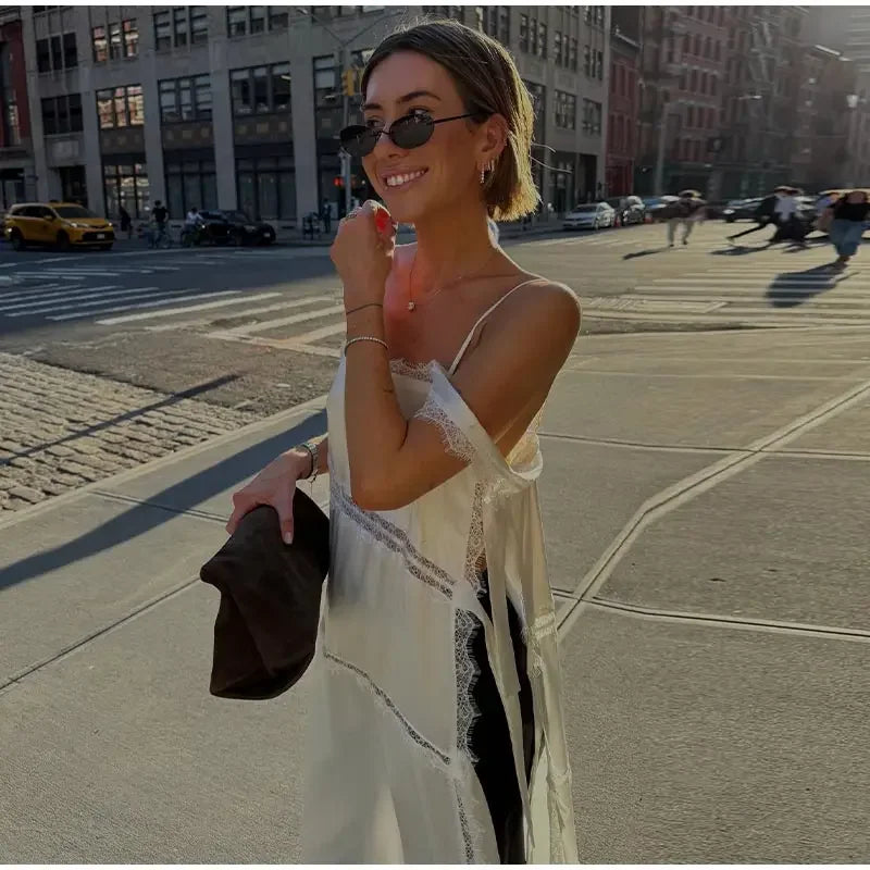 Fashion Solid Lace Patchwork Women's Dress Sleeveless High Side Split Lace Up Hollow Out Sling Dresses 2026 Summer Female Robe