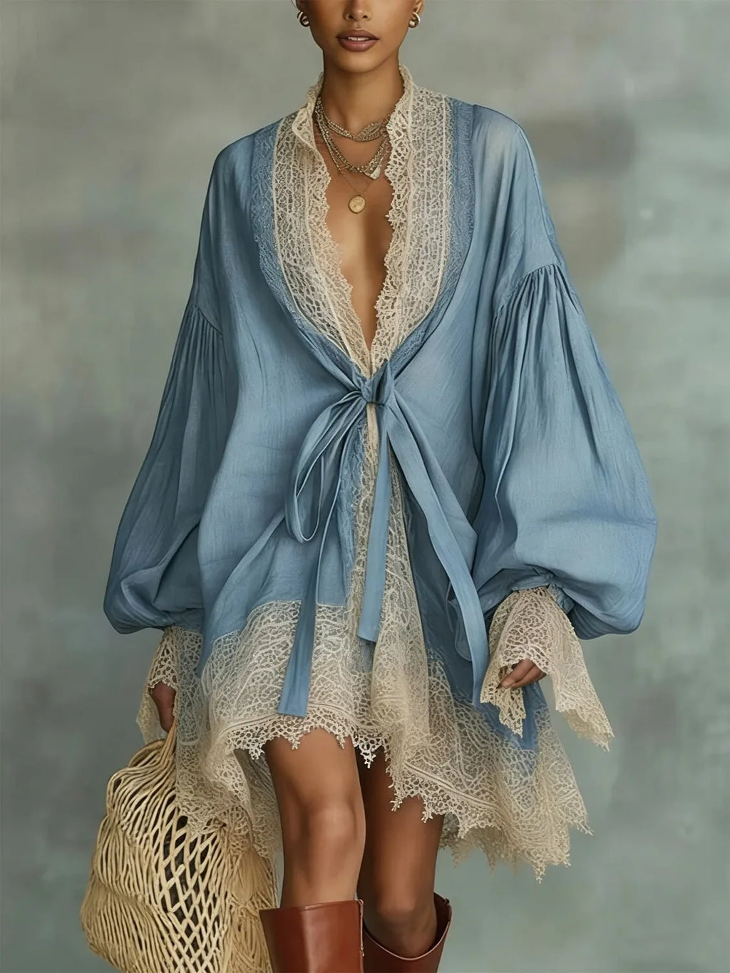 Women's Vintage Blue Bohemian Lace Trim Mini Dress with Puff Sleeves V-Neck Tie Waist And Asymmetrical Hem Tunic Dress
