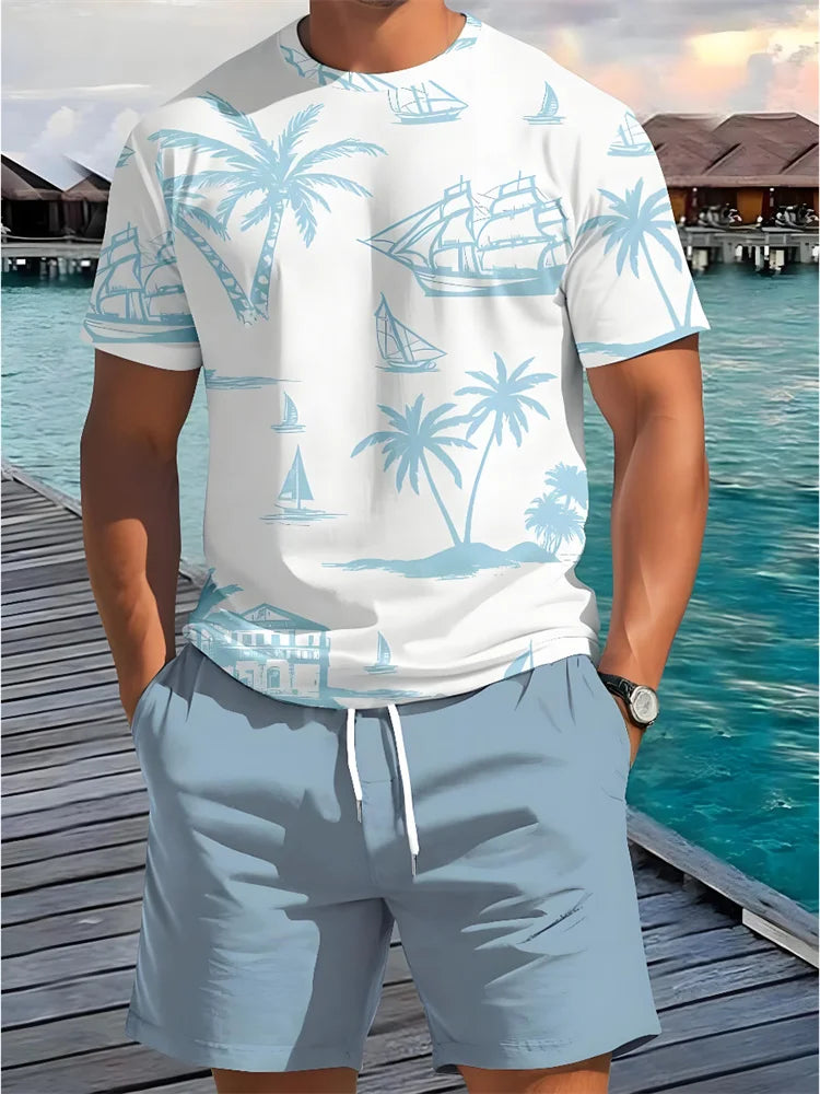 Summer New Men's Short-sleeved Hawaiian Print Two-piece Beach Vacation Breathable Short-sleeved With Drawstring Loose Shorts