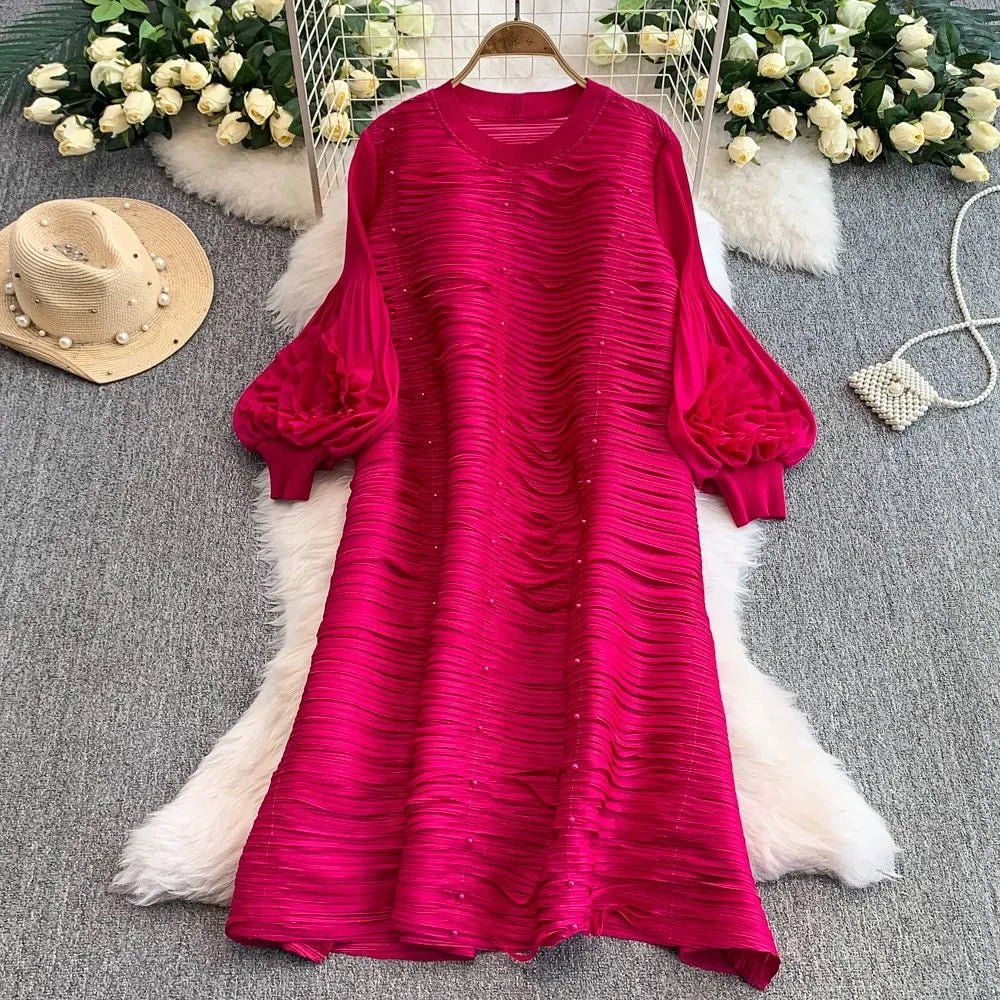 ANLAN Luxury Beading Hollow Out Tassels Pleated Miyake Dresses Women 3D Flower Splice Lantern Sleeve Loose Party Dress 2025 N