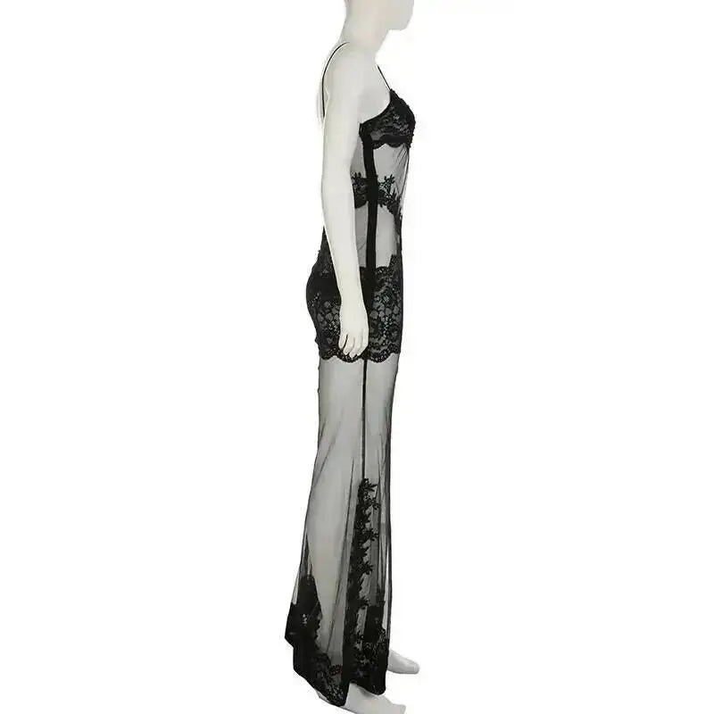 Lace Transparent Mini Dress For Women's Shestyle Embroidery Flower Mesh Transparent Flare Outfits Prom Nightwear Club Long Dress
