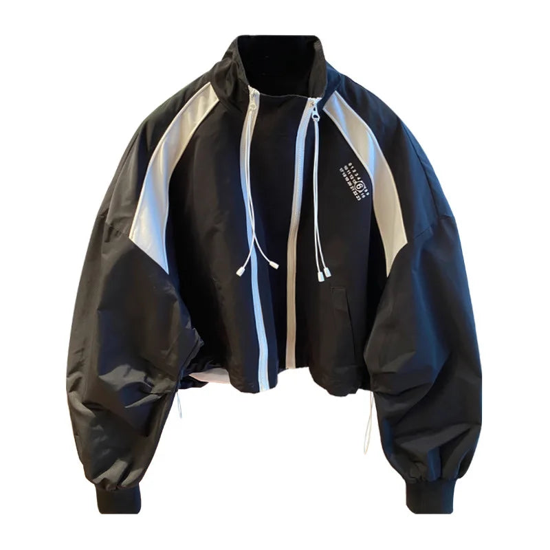Women Double Zipper Stand Collar Jacket Patchwork Short Windbreaker Loose Casual Streetwear Female Spring Autumn Windproof Coat