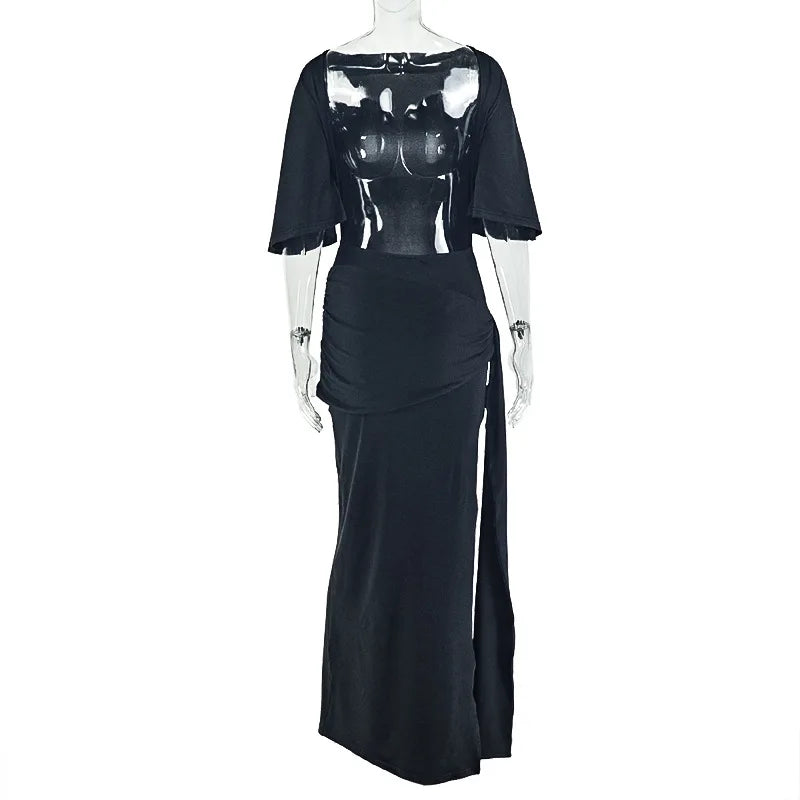 Joskaa Elegant O-Neck Half Sleeve Backless Ruched Slit Bodycon Maxi Dress for Woman 2025 Fall Birthday Evening Vacation Clubwear