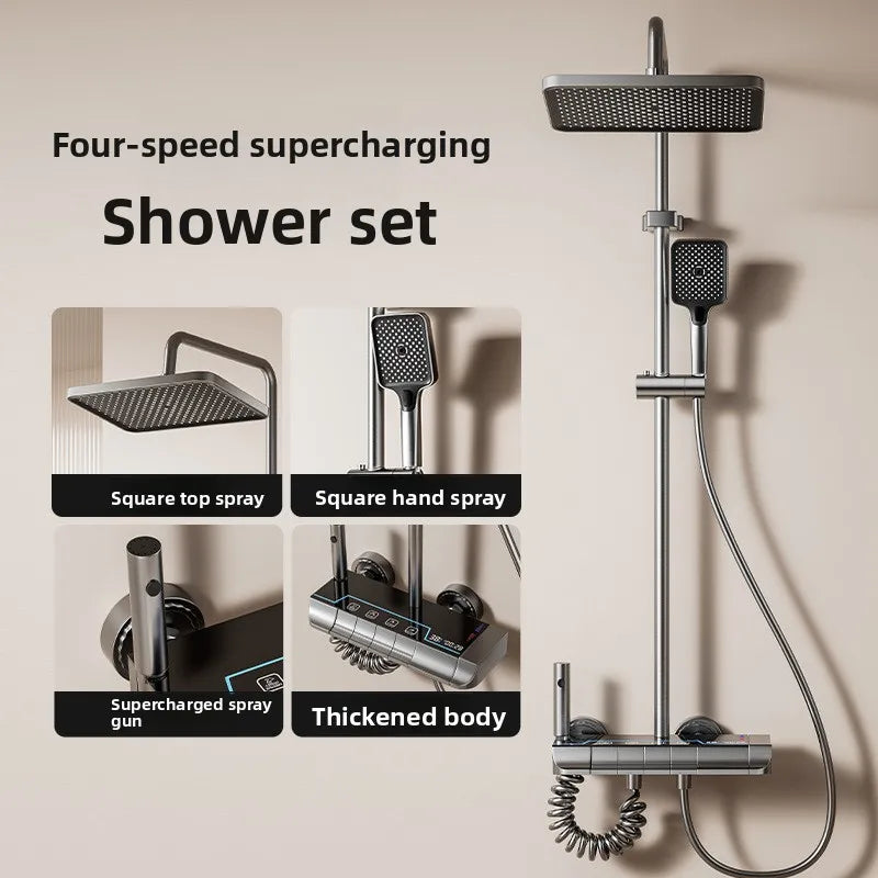 Luxury Shower System for Bathroom Wall Mount Smart Temperature Display Rainlfall Shower Faucet Set Piano Key 4 Ways Water Outlet