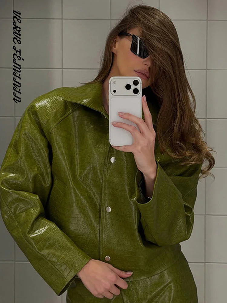 Women's Skirt Sets Crocodile Faux Leather Lapel Long Sleeve Button Oversized Jackets Straight Skirts Autumn Female Loose Outfits