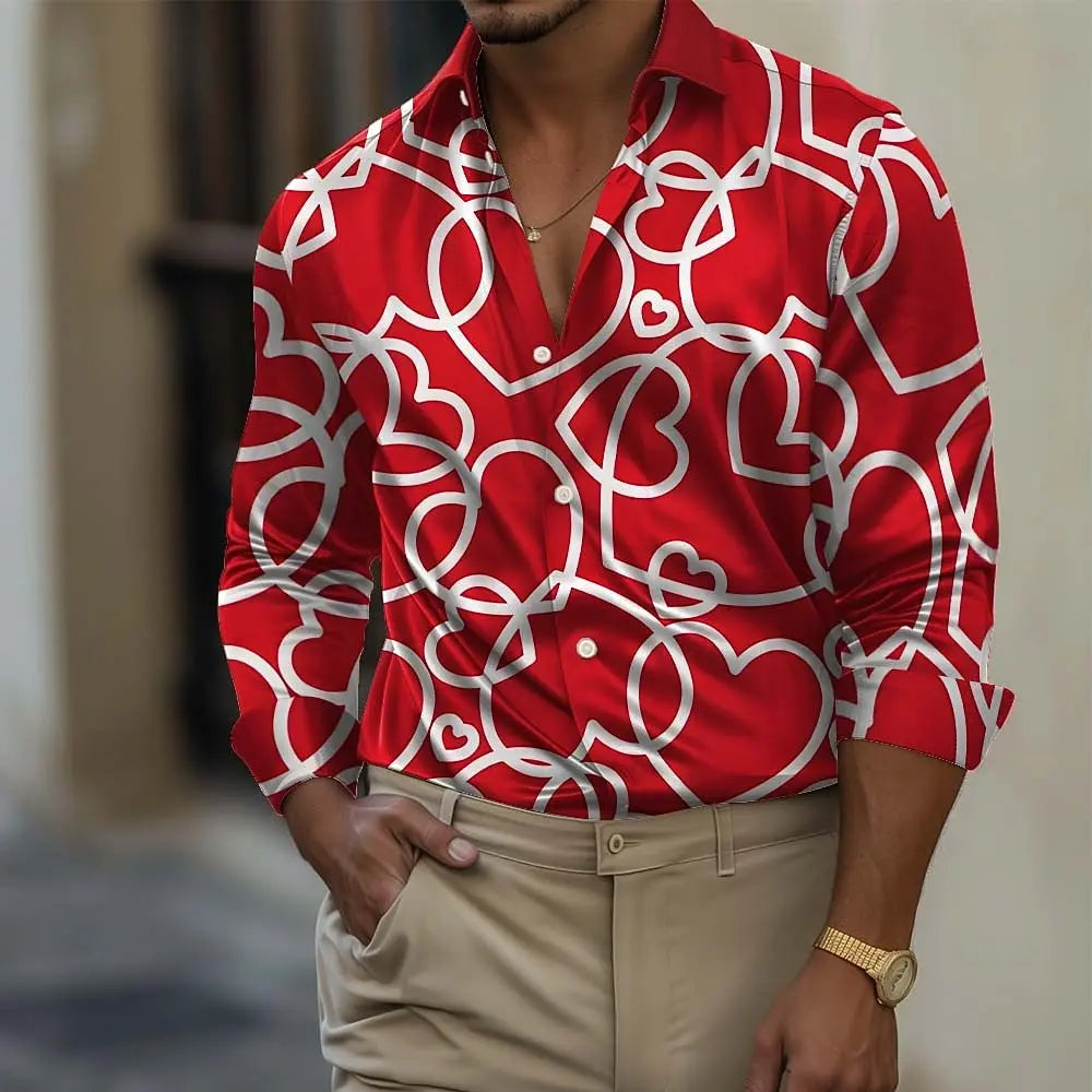 Men's Romantic Gift Heart-shaped Shirt Long Sleeve Fashion Casual Summer Spring Fall Turndown 3D Print Button Up Shirts