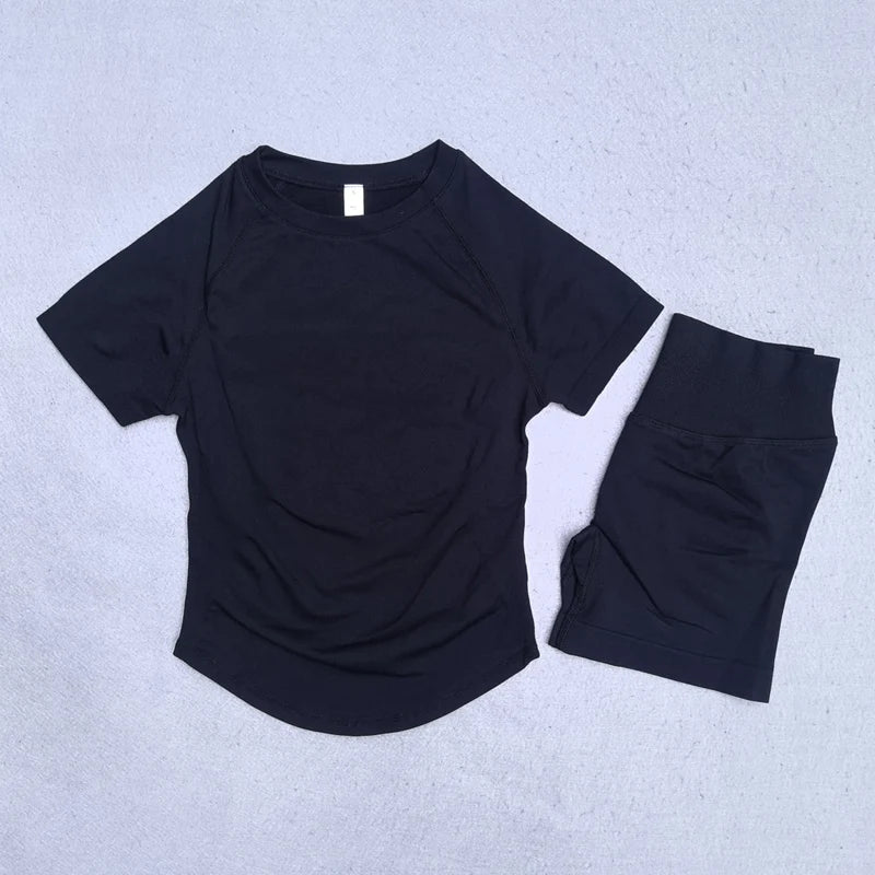 2 Piece Yoga Set Women Outfit Longline Short Sleeve Gym Top Shirt High Waist Workout Shorts Sports Suit Fitness Clothes Gym Set