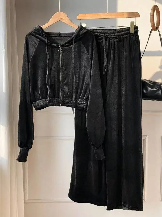 Women's Pink Velvet 2-Piece Activewear Set Zip Cropped Hoodie + Wide Leg Pants Fashionable Casual Waist Slimming Versatile Style