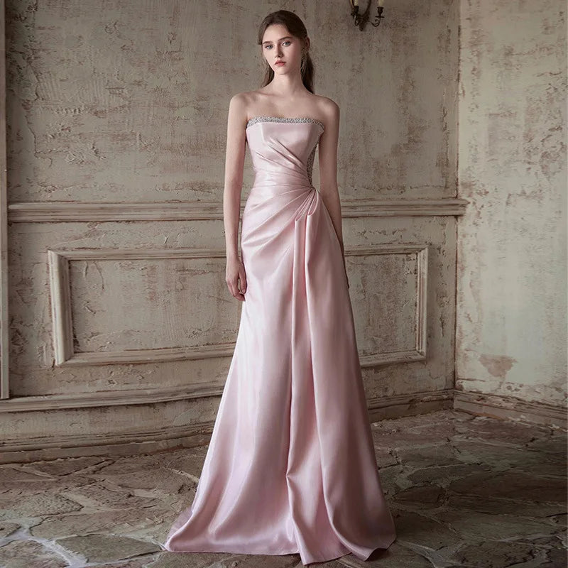 Pink Strapless French Evening Gown 2026 New High-end Annual Meeting Host Engagement Banquet Bride Toast Costume Customization