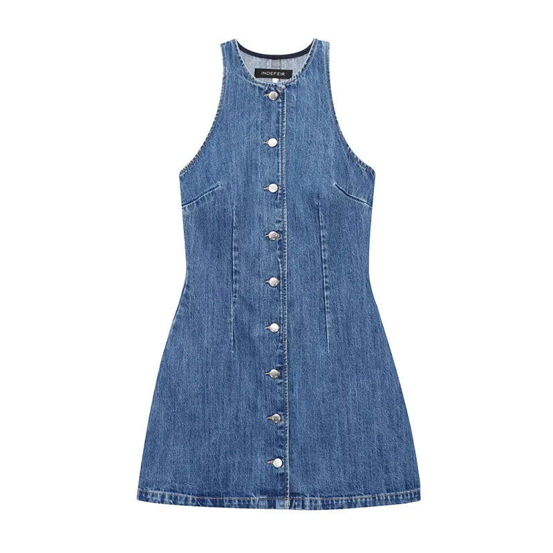 Women Denim Short Dress Round Neck Sleeveless Vest Style Single Breasted Design Solid Color Simple Daily Casual Versatile Dress