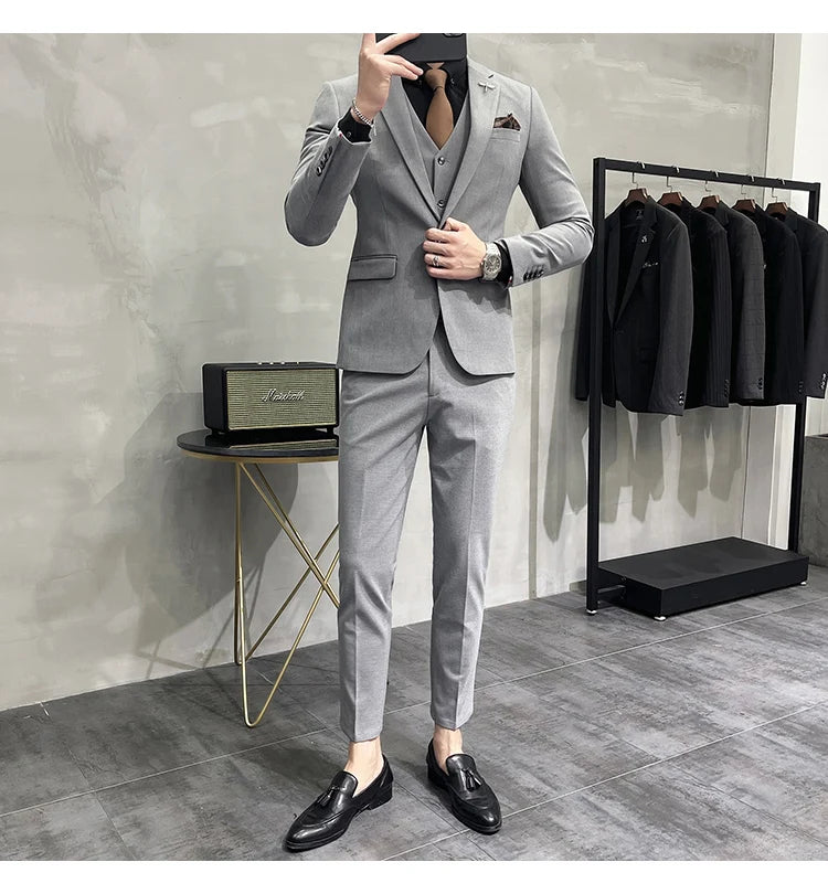 Blazer Vest Pants Men's Navy Blue Suit Set Slim Fit Blazer Vest Pants Formal Outfit for Business Wedding Office Groom Party