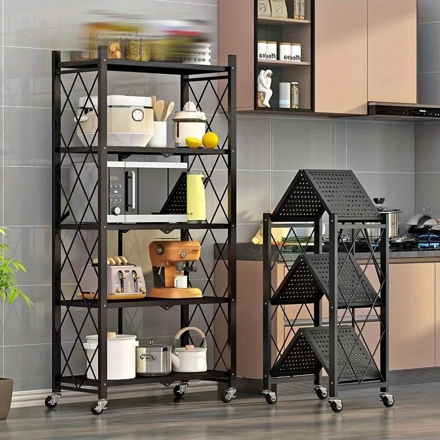 3/4/5-Tier Heavy-Duty Iron Storage Shelf with Rolling Shelves - Heavy-Duty Foldable & Portable Multi-Tier Shelving Unit
