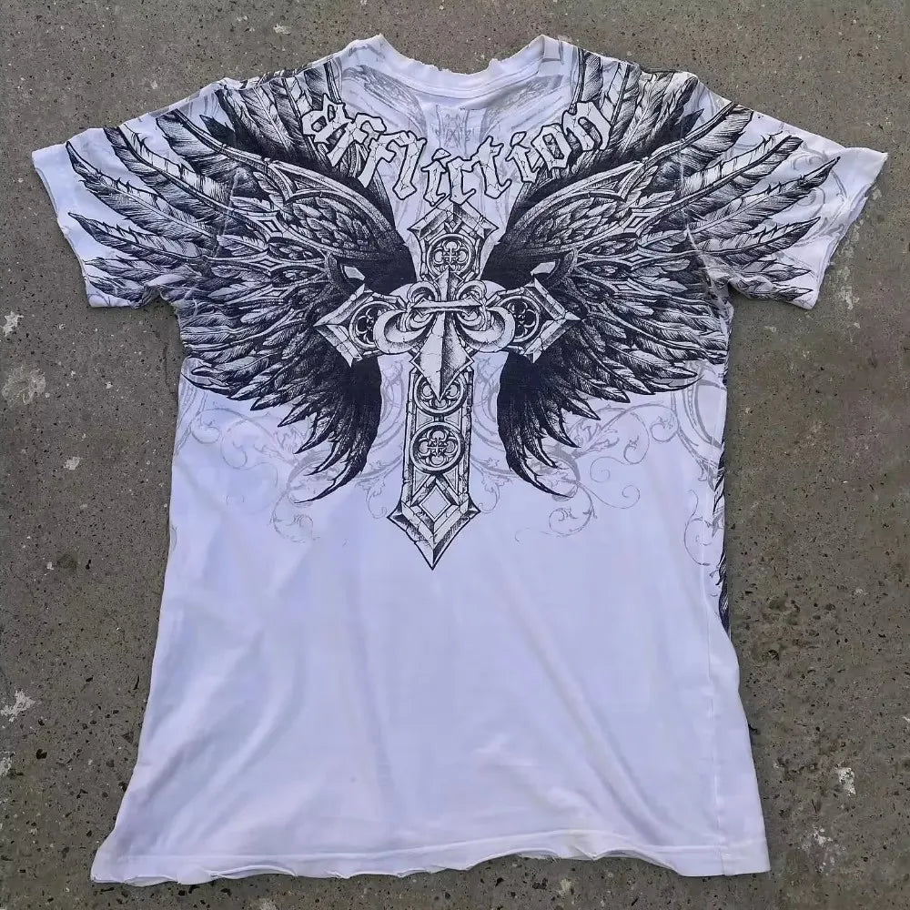 Affliction High Street Y2K Mens T shirt Retro Graphic Print Oversized T Shirt Harajuku Gothic Cotton Short Sleeve Tops New