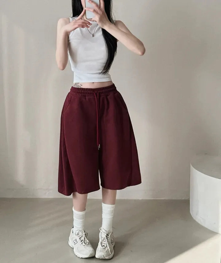 Summer Drawstring Wide Leg Shorts Women Fitness Running Loose Casual Large Sports Shorts Sweat Short High Elastic Lace Up Pants