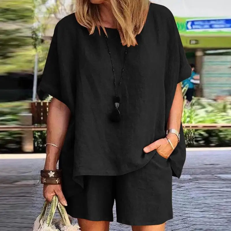 Ladies Shorts Suit Fashionable Summer Women's Elegant Solid Color Pullover Loose Cotton Linen Short Sleeved Shorts Two-piece Set