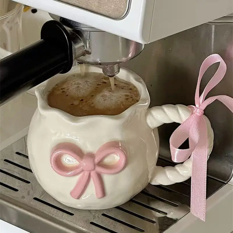 Thickened Cream White Mug Cute Bow Cartoon Ceramic Cup with Handle Milk Cup Coffee Cup Modern Simple Universal Water Cups