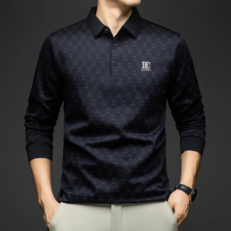 BROWON 2026 Spring Autumn Elegant Polo Shirts for Men Long Sleeve Lapel Color Printed Soft Comfortable Males Tops and Tees