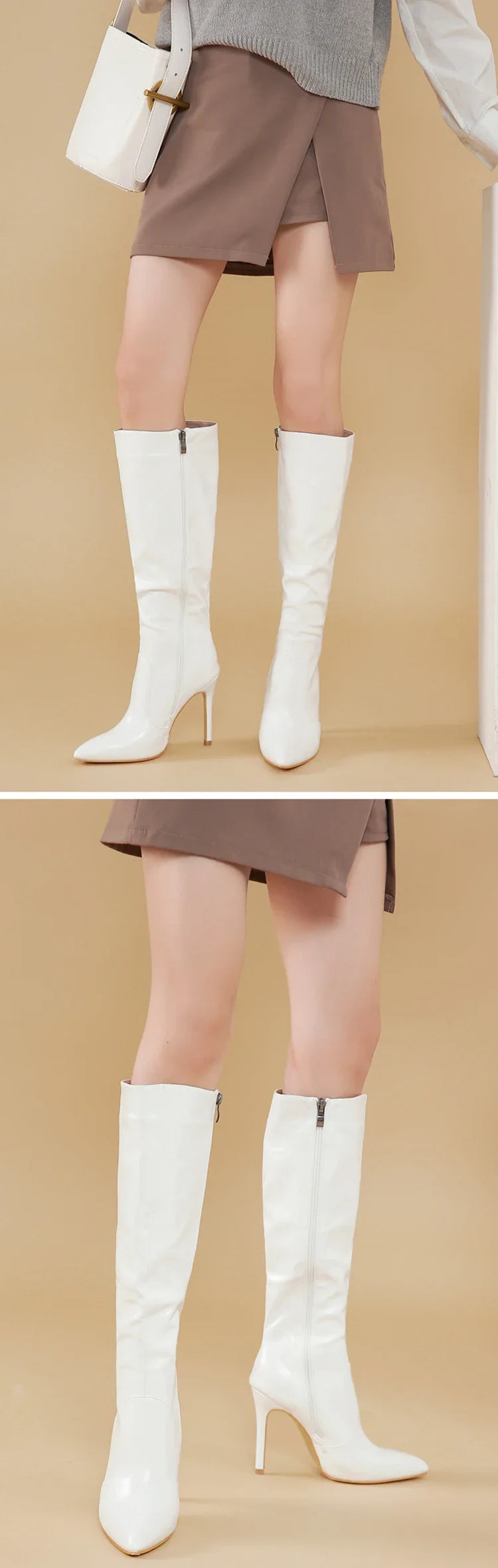 Women's Fashion Elegant Pointed Thin Heel Knee High Long Boots2024 Spring/Autumn PU Panel Side Zipper Boots Western35-42