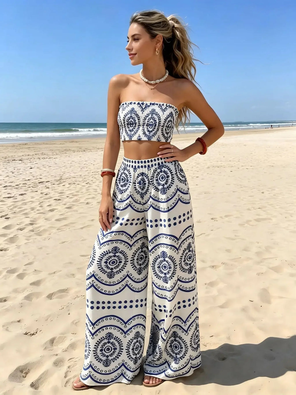New Bohemian Vacation Plant Print Bandeau Wide Leg Pants, Fashion Two Piece Outfit