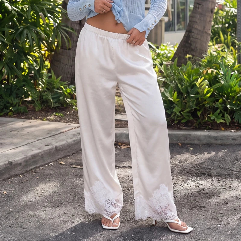Maemukilabe Women Satin Wide Leg Pants Elastic High Waist Lace Hem Loose Trousers Elegant Vacation Beach Casual Streetwear Pants