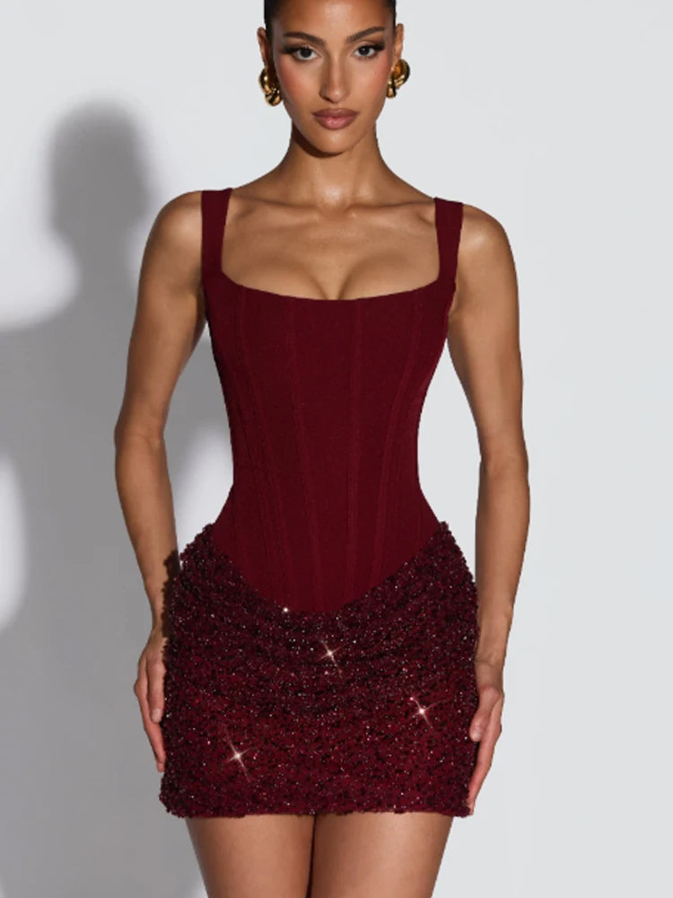 Sexy Women Pleated Bodycon Dress Sequin Backless Slim Spaghetti Strap Mini Summer Dresses 2026 Evening Nightclub Party Gown