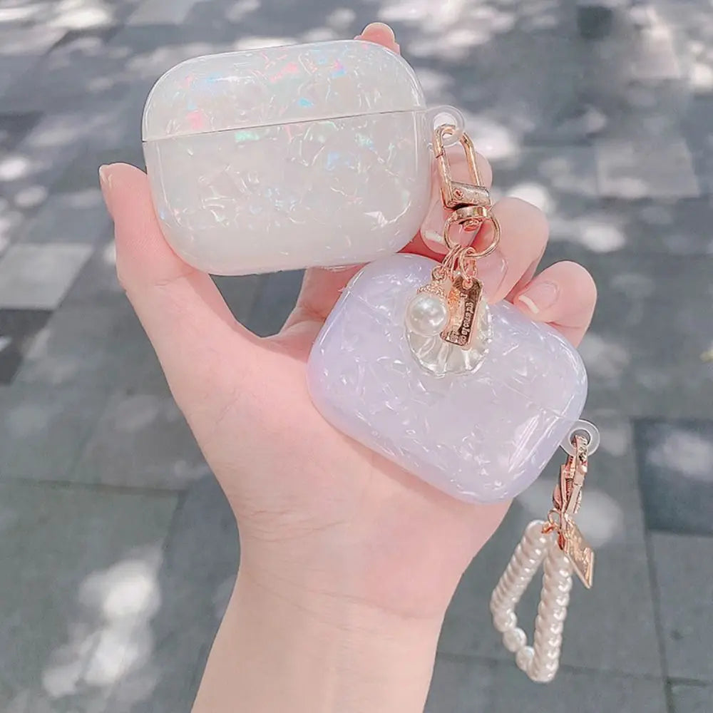 Dreamy Pearl Shell Earphone Case with Keychain Soft Headphone Box Cover TPU Earphone Accessories for Airpods 4/3/2/1/pro2/pro