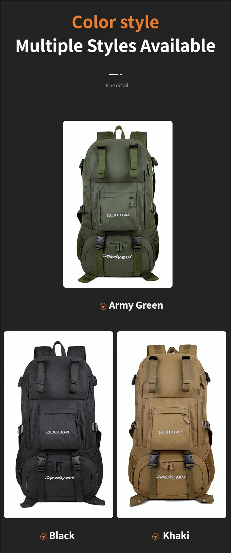 40L Travel Tactical Backpack Men Women Outdoor Travel Cycling Large Capacity Waterproof Lightweight Weight-Lifting Hiking Bag