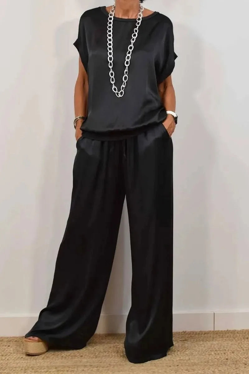 Spring Summer Fashion Solid Smooth Satin Two Piece Sets New Women's O-neck Short Sleeve Top + Wide Leg Pant Casual Loose Set