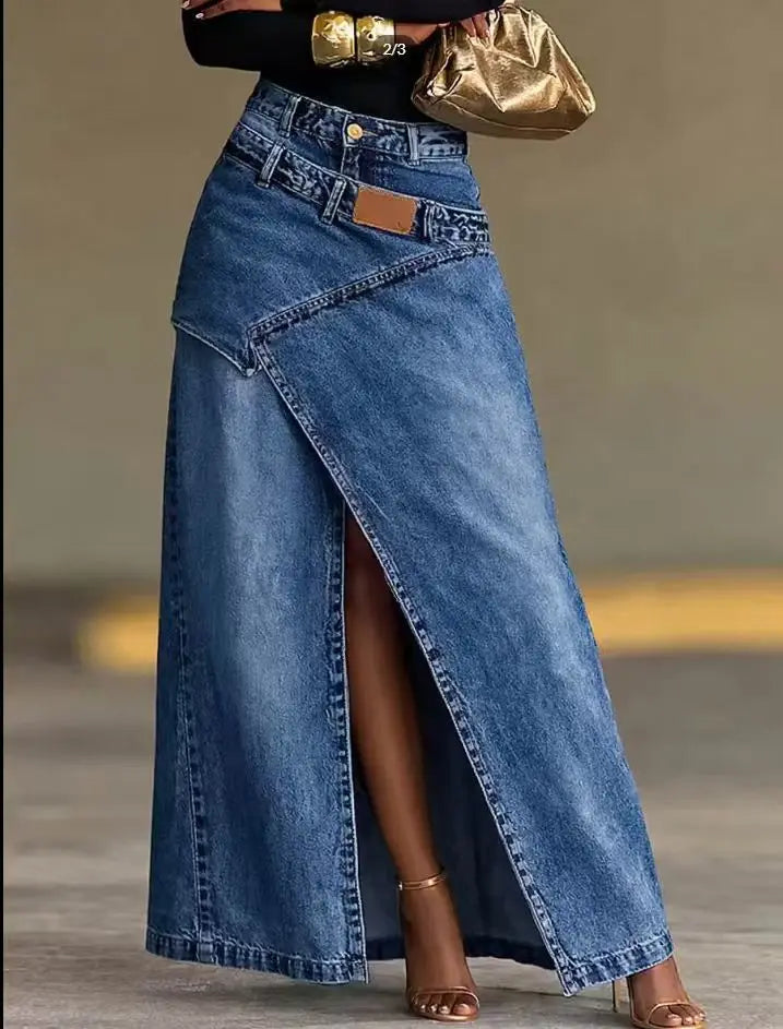 Washed Denim Maxi Skirt High Waist Asymmetric Front Slit Long Jean Skirt Irregular Patch Women Casual Split Denim Long Skirt