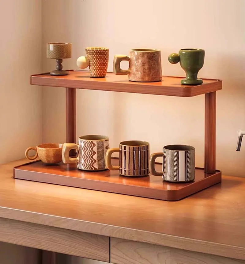 Versatile 2-Tier Wooden Storage Rack for Kitchen&Tea Room-Countertop Organizer with Decorative Desktop Multi-layer Storage Rack