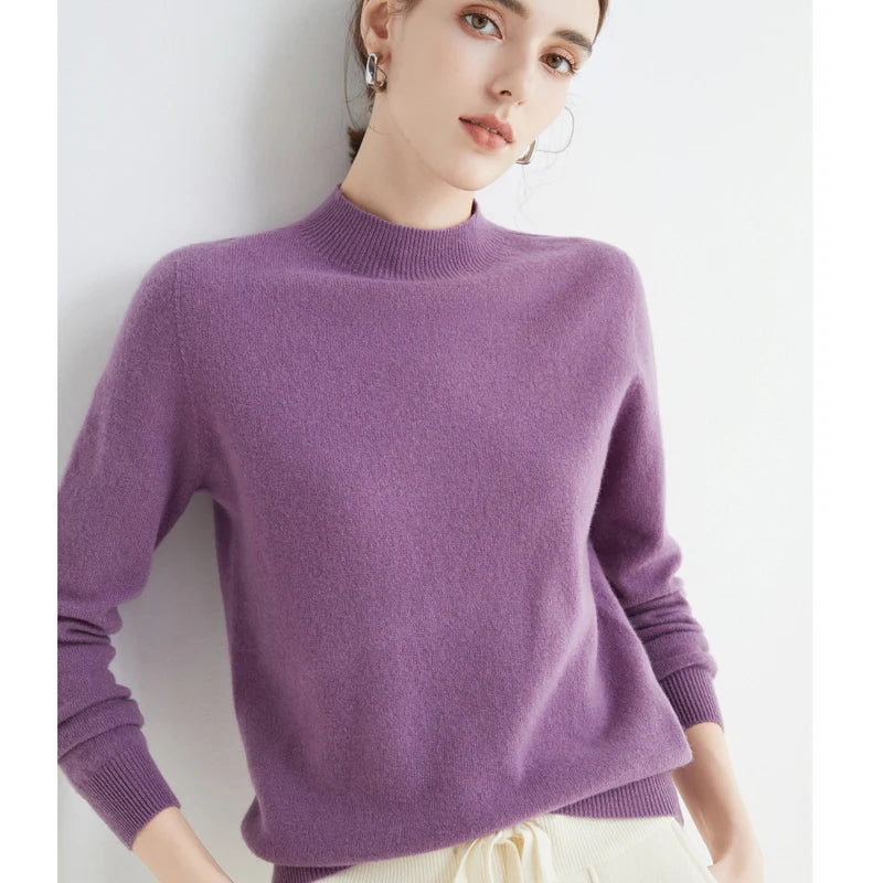 First-Line Seamless Women's Half-Turtleneck 100% Pure Wool Sweater Solid Color Long Sleeve Pullover Knitted Bottoming Sweater