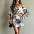 Fashion Leaf Print Bohemian Vacation Outfit Sexy Skew Collar Hollow Top+A-Line Skirts Women's Suit Spring Flare Sleeve Loose Set
