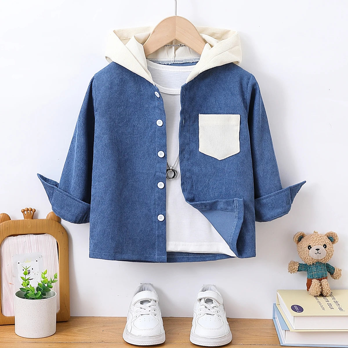Autumn Boys' Fashionable Casual Hooded Long-Sleeved Button-Up Color-Blocked Shirt
