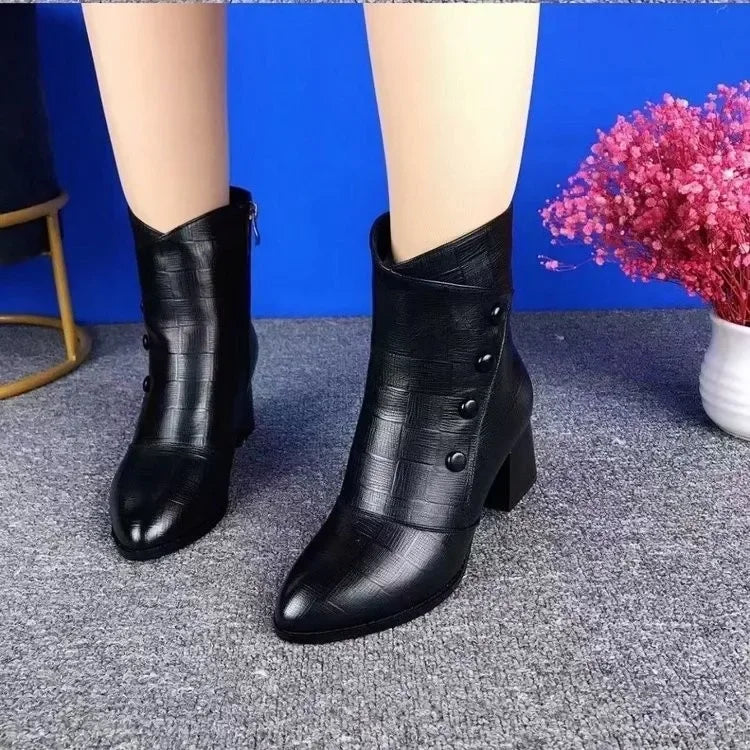 Women Fashion Ankle Boots Female Autumn Winter New Pointed Square Heels Black Retro Dress Party Ladies Autumn Winter Short Boots