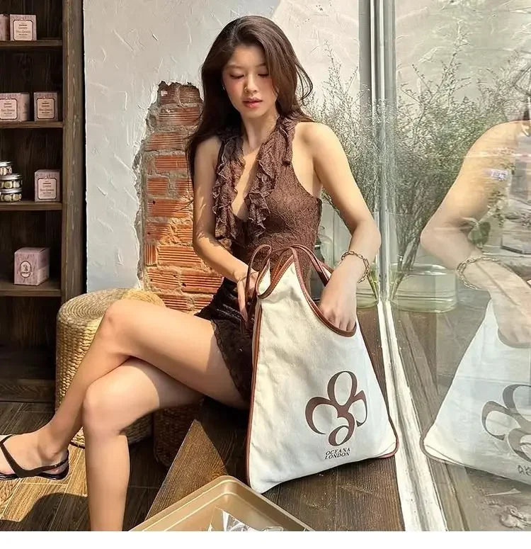 Sexy retro vacation ruffle edge deep V halter neck dress female slim slim slim skirt