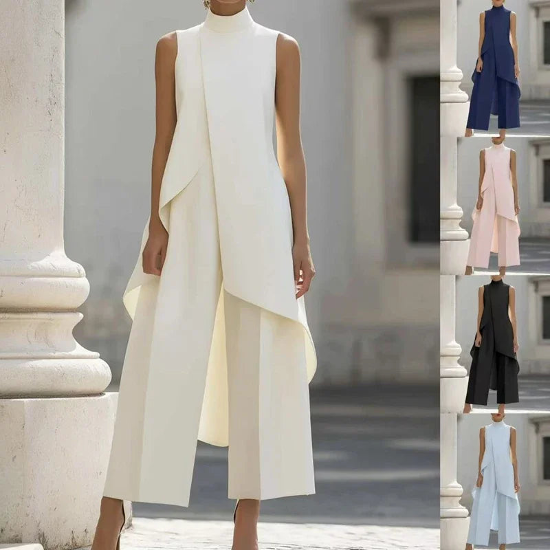 Women Chic Irregular Top+Pant Stwo-Piece Set Casual Solid Color High Neck Sleeveless Suit Fashion Office Commuting Loose Outfit