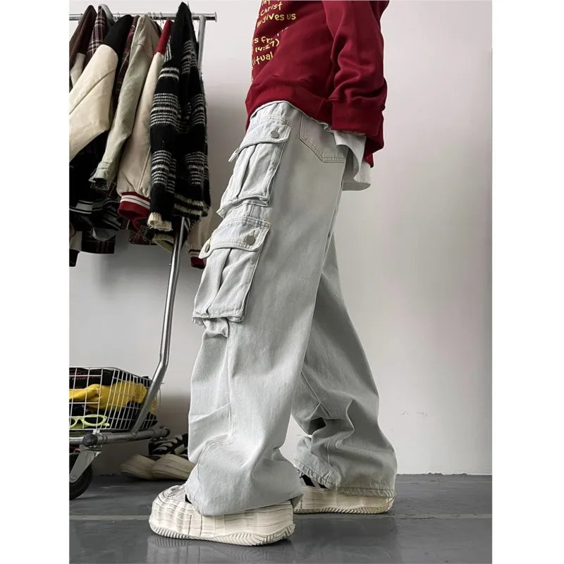 Cargo Jeans Men's Multiple pockets Patchwork Straight Casual Trousers Men Baggy Hip Hop Streetwear Loose Fashion denim Pants