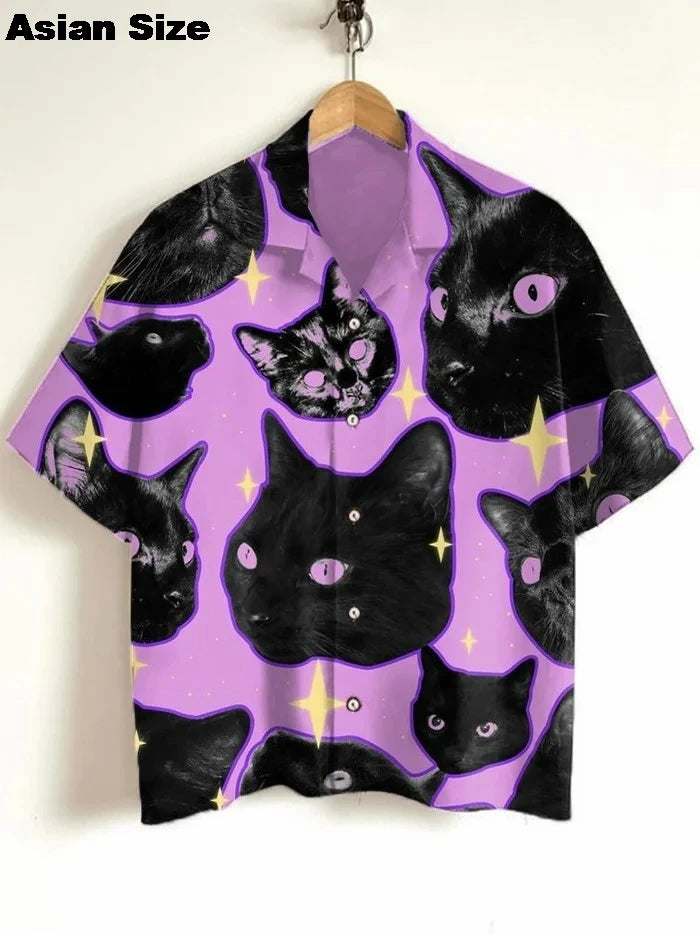 2025 Men's Cat Graphic Shirt Short Sleeve Klemph Type Funny Holiday Casual Hawaii Shirt Tops