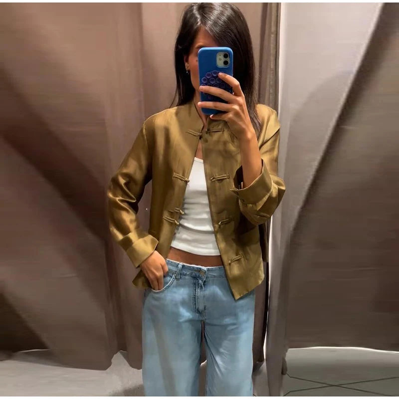 Loose Women's Frog Buttons Mandarin Shirts See Through Stand Collar Full Sleeve Blouses 2026 Summer Lady Cotton Linen Outwear