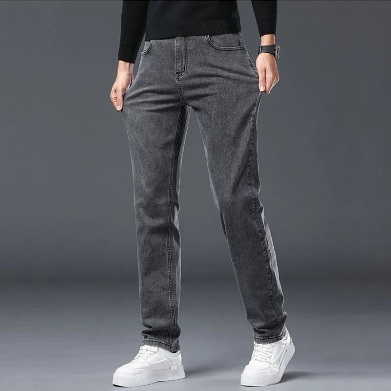 Men's Slim Jeans Korean Fashion Elastic Straight Casual Denim Pants Comfortable Work Male Spring Autumn Trousers Black Gray
