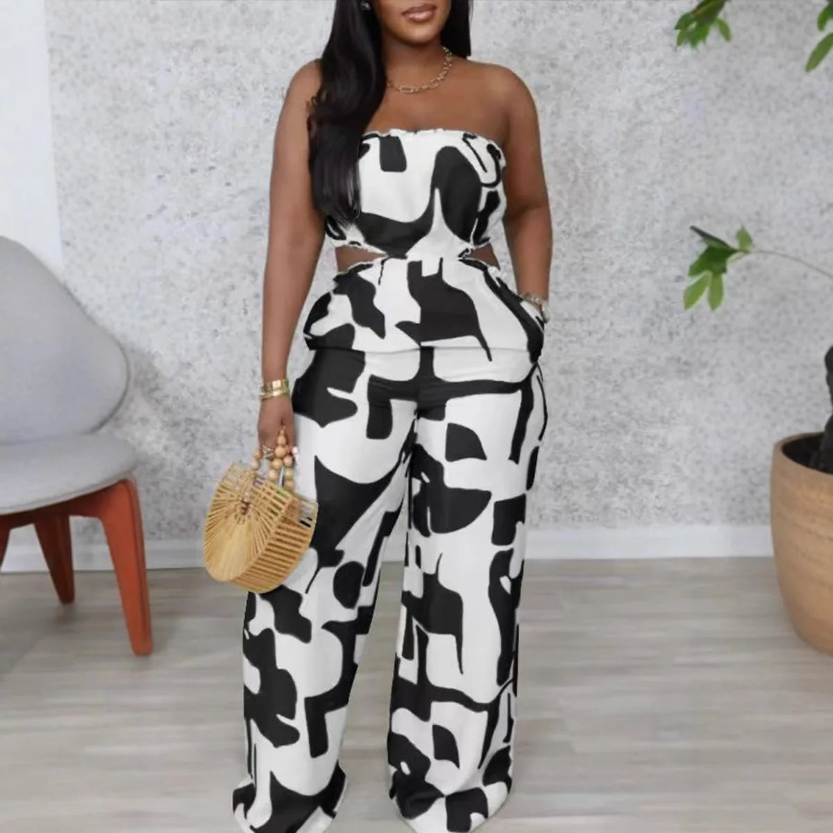 2025 Elegant Sleeveless Hollow Out Casual Style Women Tube Top with Wide-leg Jumpsuit Long Pants