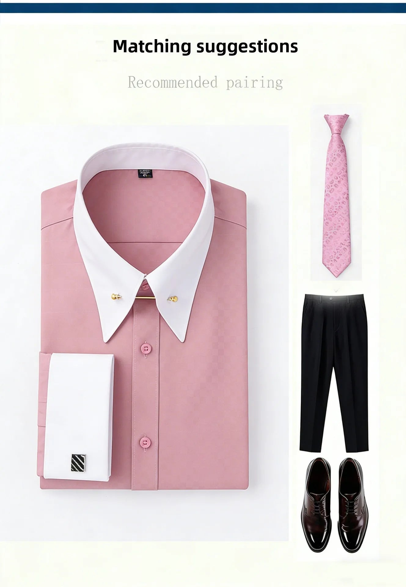 Embroidered French Cufflinks Men's Long-Sleeve Shirt with Collar Pins No tie Big Collar Dress Shirt for Business Formal Gentlema