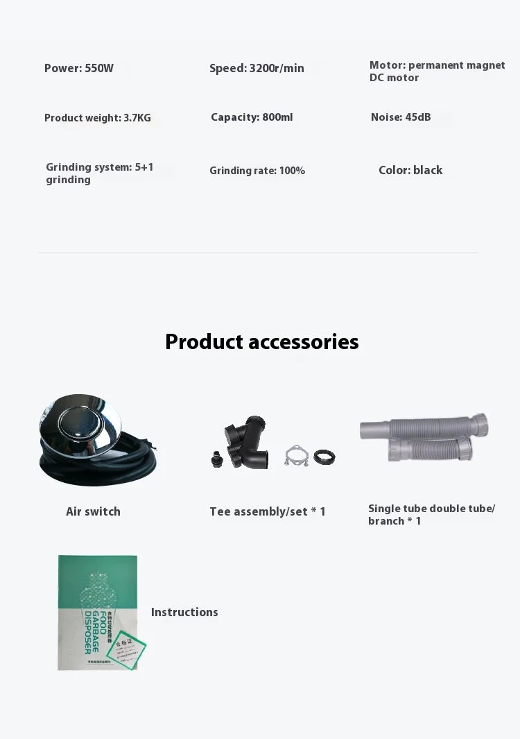 High Efficiency Stainless Steel Kitchen Garbage Disposal Quiet Efficient with Anti-Blocking Design Electric Power Source