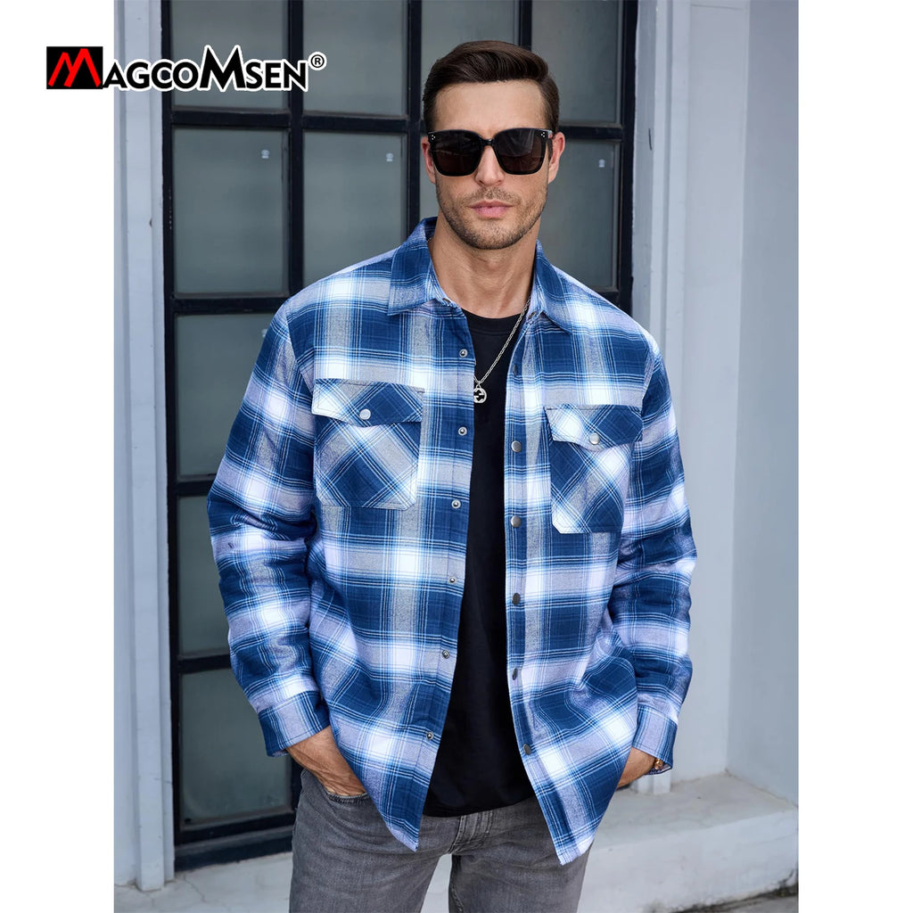 MAGCOMSEN Flannel Shirt with Quilted Lined Jacket Mens Long Sleeve Plaid Shirt Coat Button Down Outerwear Winter Male