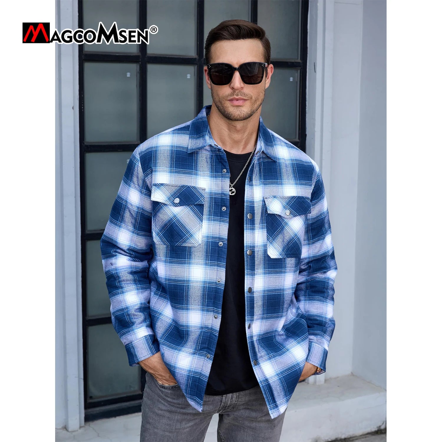 MAGCOMSEN Flannel Shirt with Quilted Lined Jacket Mens Long Sleeve Plaid Shirt Coat Button Down Outerwear Winter Male