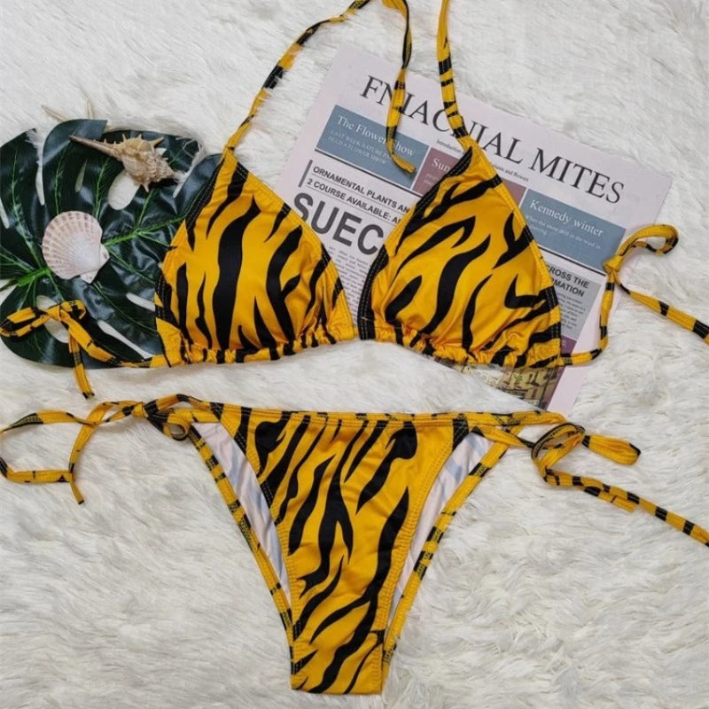 American Retro Black Yellow Zebra Print Print Bikini Set Women Sexy Hot Girl Beach Style Swimsuit Y2k Fashion Vacation Swimwear