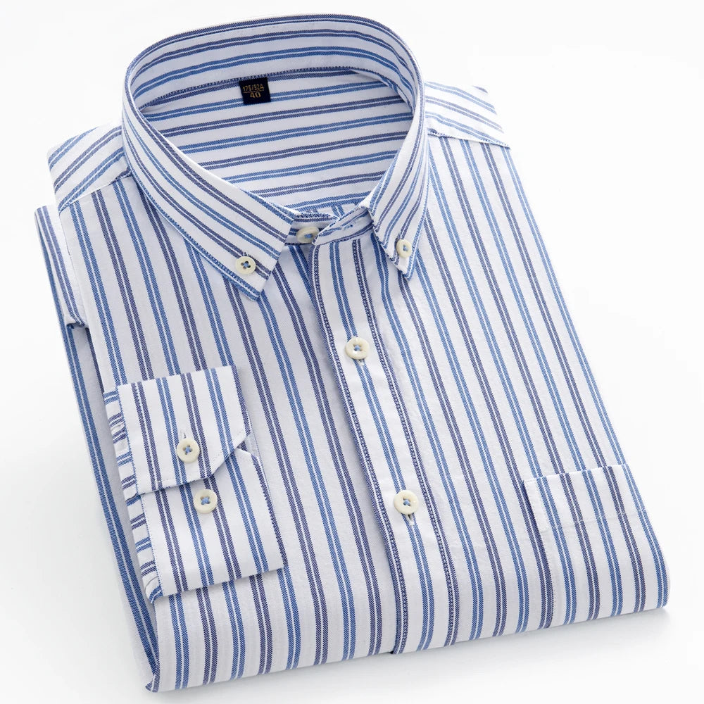Men's 100% Cotton Breathable Oxford Fabric Dress Shirt, Plaid Striped Casual Long Sleeve, Button-Up with Collar and Chest Pocket