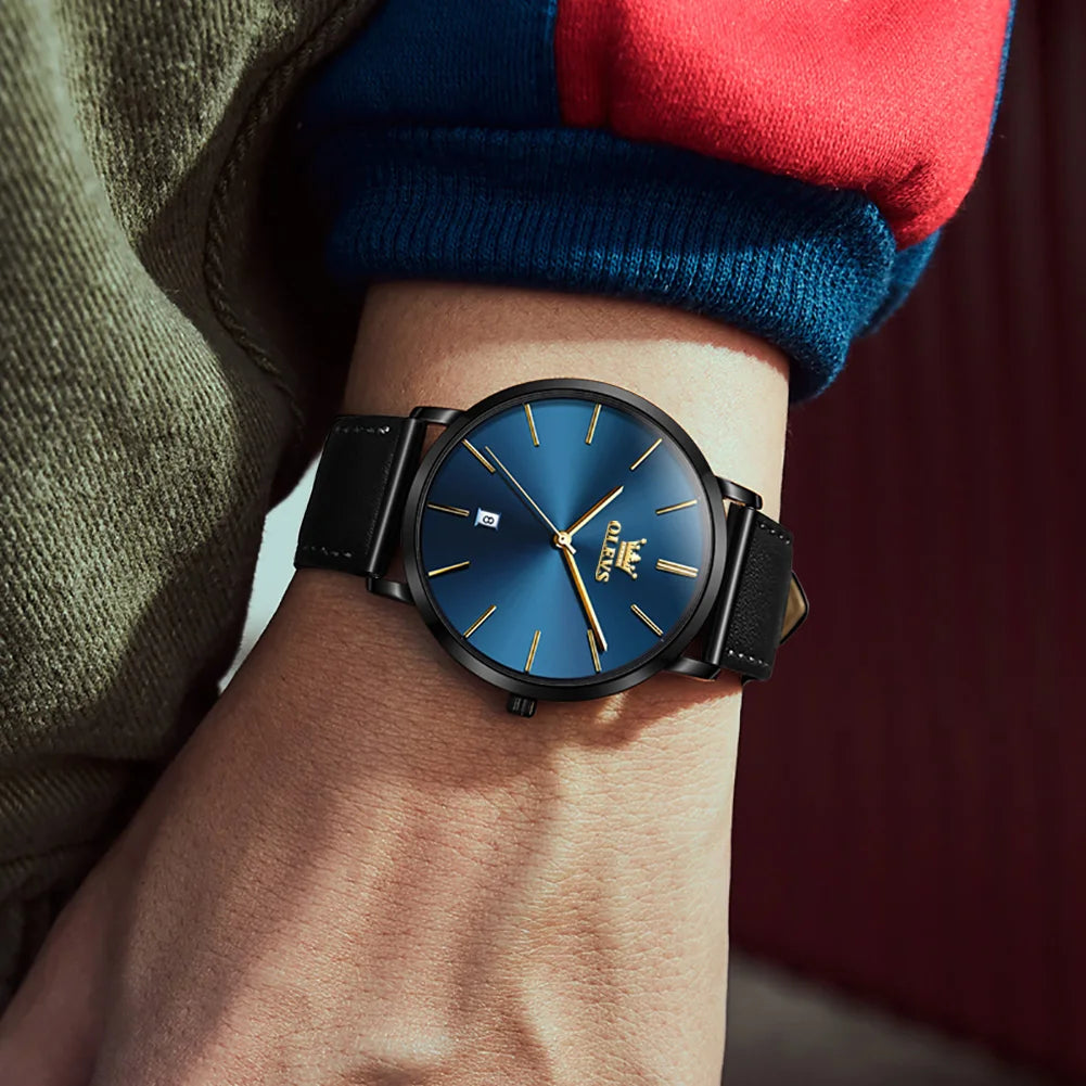 OLEVS 5869 Ultra Thin 6.5mm Quartz Watch for Men Fashion Leather Strap Simple Luxury Auto Date Clock Men's Wristwatch Waterproof