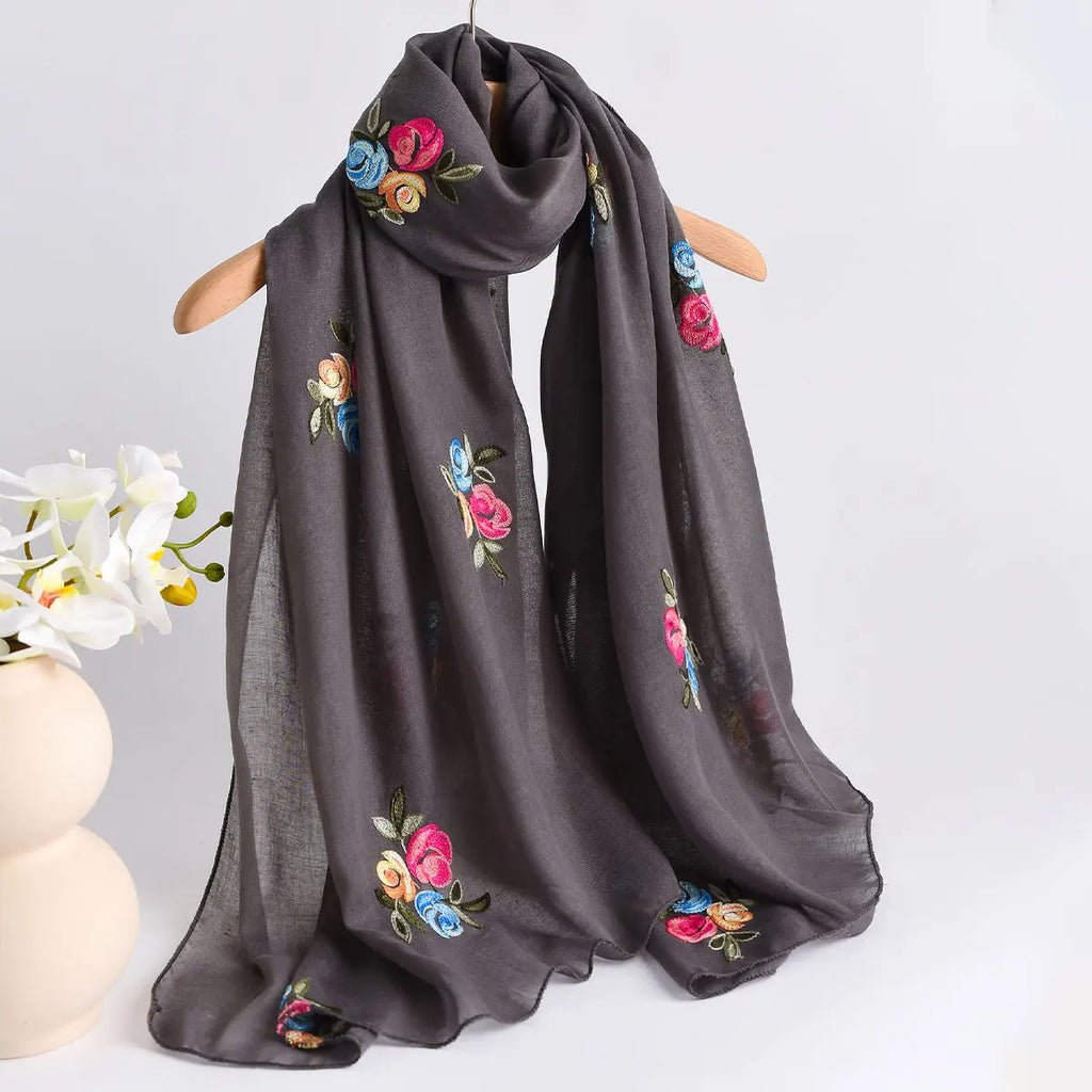 Spring and Summer Lightweight Breathable Cotton and Linen Embroidery Scarf Ethnic Style Fashionable Soft Women's Sunscreen Scarf