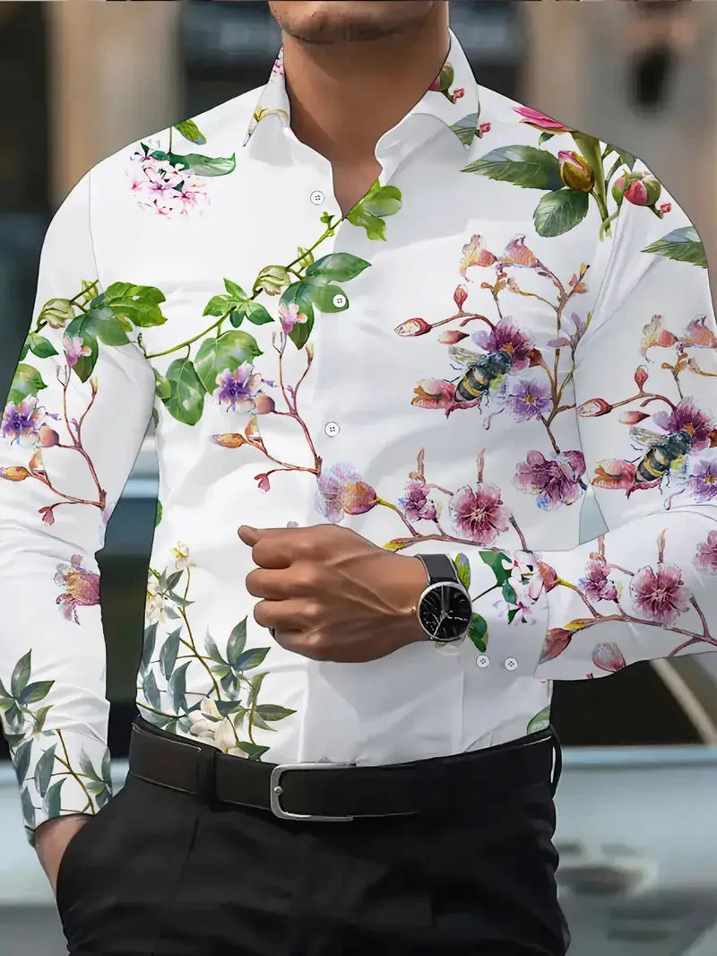 New Men's Long Sleeve Casual 3D Flower Printed Shirt Fashion Casual Spring Autumn Long Sleeve Flap Top